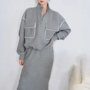 Work Dresses Sweatshirt Skirts Sets For Women Fashion Gray Casual Sportswear Suit 2 Pieces Contrasting Color Loose Autumn Winter Sports