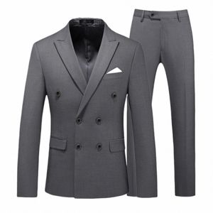 men's Casual Boutique Busin Double Breasted Suit Coat 2 Piece Set / Male Solid Color Slim Fit Blazers Jacket Pants Trousers 09ol#