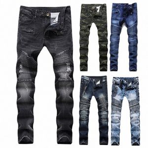 2021 FI Hip Hop Patch Men Retro Jeans Knee Rap Hole Dragkedja Biker Jeans Män Loose Slim Destroyed riven rippad denim man jeans k88b#