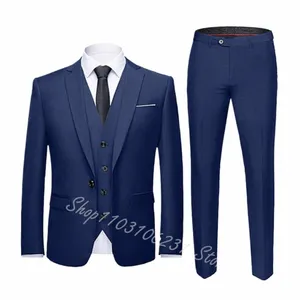 3 stycken marinblå kostymer för män Slim Fit Wedding Groom Tuxedos Formella brudgummen kostymer man