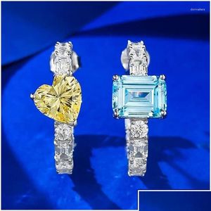 Studörhängen 925 Sier European och amerikansk stil Bright Crystal Contrast Yellow Diamond Sea Blue Love Par Drop Leverans smycken Dhpav