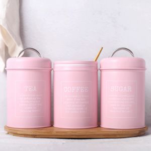 Jars 3Pack Tea Tin Canisters Boxes with Airtight Lids 10 x 17cm for Pills Case, Loose Tea, Sugar and Coffee Pink