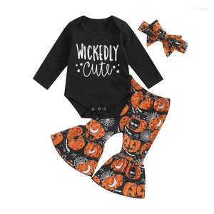 Conjuntos de roupas Madjtlqy Baby Girl Halloween Outfit Abóbora Impresso Manga Longa Moletom Tops Flare Pants Set Cute Toddler Roupas