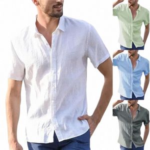 summer Cott Linen Shirts For Men Casual Short Sleeved Shirts Blouses Solid Turn-Down Collar Formal Beach Shirts Male Clothing q9lR#