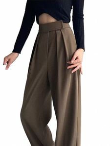 Jielur Brown Wide Leg Women Classic Suit Pants Vintage Palazzo Office Elegant Casual Black Trousers Female High midjebyxor P6WM#