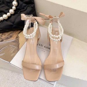 Sandaler Beige High Heel Med Comfort Womens Shoes 2022 Summer Full Match Black Retro Pearl Fashion Transparent Girls New Grade STR H240328ZAMW