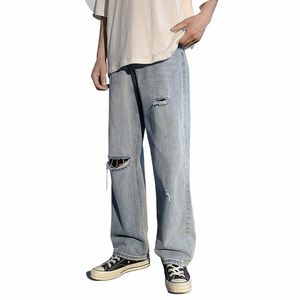 jeans strappato per uomini hombre maschi dell'estate 2021 Nuovi pantaloni di strada dritti sciolti tendenza coreana capris hip hop streetwear x39l#