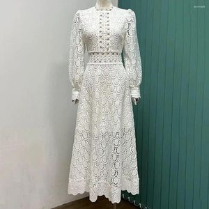 Lässige Kleider Langarm Abendkleid Elegante Spitze Maxi mit Blasenärmeln Stehkragen Damen aushöhlen enge Taille Knöchel für Ol