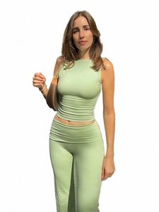 Boofeenaa Comfy Two Piece Set Backl Crop Top och Flare Pants Matching Set White Green Sexy Outfits Female Clothes C85-CI29 09M2#