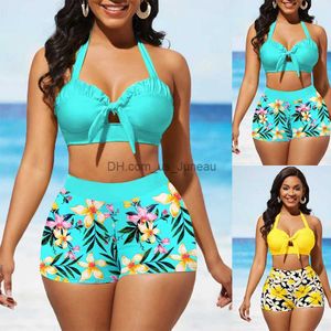 Damskie damskie damskie damskie letnie wysokiej jakości modny i seksowny zestaw bikini z małym kwiatowym nadrukiem Bow Swimsuit Beach dwuczęściowy zestaw S-5xl T240328