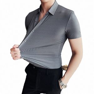 2023 Summer High Elasticity Seaml Short Sleeve Shirts Fi Stripes Men Busin Formal Wear Slim Fit Casual Dr Shirt W1Va#