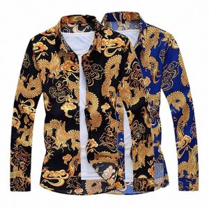 chinese Drag Printed Shirt Men's Single Breasted Lapel Shirts Fi Casual Top Blue Black Camisa Large Size S-5XL 6XL 7XL F3Qt#