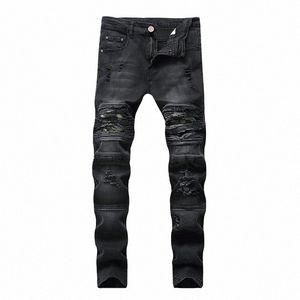 drop Ship Men's Jeans Biker Ripped Denim Pants With Zippers Pleated Straight Skinny Men Jeans Retro Trousers 24Yq#