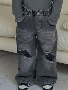 Hosen 2024 Winter Kinder Tragen Jungen Retro Weiße Löcher Fleece Verdickte Schwarze Jeans Plüsch