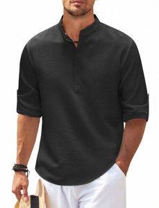 Pamuklu Keten Sıcak Satış Erkekler LG kollu gömlekler bahar sonbahar düz renk stand-up yaka gündelik plaj stili artı S-5XL 48ZU#