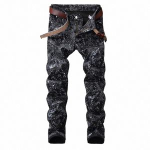 Nya FI Spring Autumn Men's 3D -tryckta jeans Pantal Hombre Black White Nightclubs Young Skinny Biker Denim Trousers 44LZ#