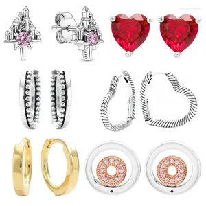 Серьги-гвоздики Аутентичные серьги-кольца из стерлингового серебра 925 пробы с замком, креольские бусины, фирменные красные сердечки, серьги-кольца, подходят для оригинального браслета, ювелирные изделия, подарок