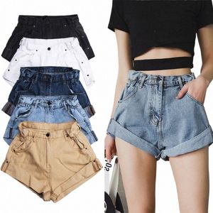 Streamgirl Denim Shorts 여성의 백인 여성 짧은 청바지 카키색 다리 와이드 다리 탄성 허리 하이 허리 반바지 여성 여름 D43C#