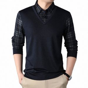 browon New T Shirt Men Turn-Down Collar Fi Plaid Print T-Shirts Male 2024 Spring and Autumn Lg Sleeve Busin Men Clothe H7nq#