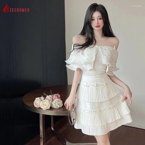 Work Dresses 2024 Summer High Quality Sweet Pearl Chiffon 2 Piece Suit Women Short Ruffles Elasticity Top Waist Mini Pleated Skirt