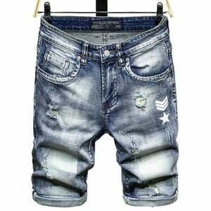 Hellblaue zerrissene Denim-Shorts für Herren, Gezeitenmarke, Herren-Fünf-Punkt-Hosen, schlanke Trend-Breeches, Herren-Shorts, dünne Abschnitte T8ni #