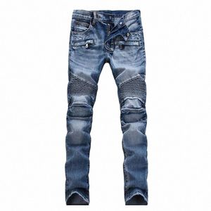 Europäische und amerikanische Falte Reißverschluss Motorrad Schneeflocke Jeans Hohe Qualität Plus Größe Direktverkauf Neue Herren Jeans Denim Plus Größe L9mN #