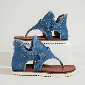 Sandals Summer Denim Cloth Shoes Womens Fashion Star Priniator Gladiator Sandals Punk Stud FIP Slippers H2403288TIA