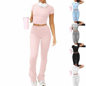 Mulheres Cropped Top Pants Solid Color Crew Neck 2 Piece Pijama Define Manga Curta Top Flare Pants Daily Outfit Yoga Sports Outfit J7lH #