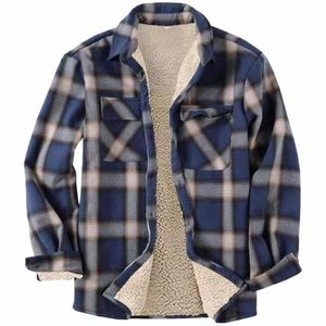 autumn Mens Plaid Flannel Shirts Thick Jacket Quilted Lined Winter Dr Shirt Cott Coat with Pockets Shirts for Men camisas Q54p#