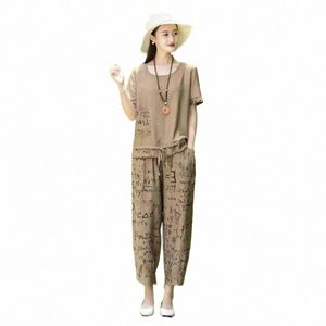 Fi Cott Linen 2 Two Piece Set Женская летняя повседневная футболка с коротким рукавом Топ Harlan Укороченные брюки Костюм q7CE #