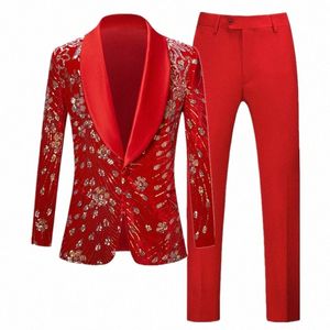 fi Brand Men's Sequin Suit 2 Piece Red / Blue / Black Men Luxury Wedding Prom Party Blazer Jacket and Pants s1rG#