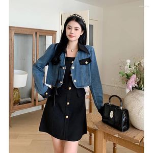 Work Dresses Spring Summer Two-piece Set For Women V Neck Denim Jacket Tops And Black Mini Sling Female Large Size 4XL Matching Suits