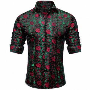 Dibangu Luxury Red Rose Floral Green Silk Men Shirt Lg Sleeve Designer Men Clothing Social Tuxedo Dr Sirt M8my#