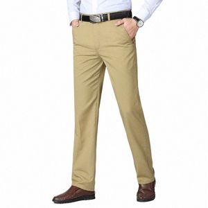 estate sottile autunno spessore 100% Cott pantaloni dell'abito dritto pantaloni larghi da uomo Busin solido grigio kaki abiti casual di marca D0JE #