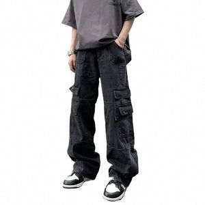 american Retro Multi Pocket Overalls Vintage Jeans Men High Street Straight Leg Pants for Men's Fi Baggy Cargo Jean A18 P2OF#