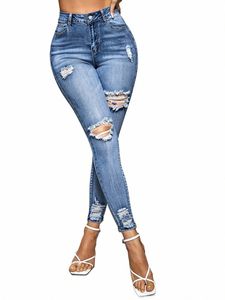 blue Ripped Holes Skinny Jeans, Slim Fit High Stretch Distred Tight Jeans, Women's Denim Jeans & Clothing d7Sh#