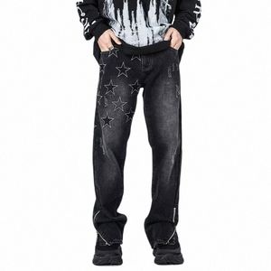 2023 New Fi Star Embroidery Vintage Black Baggy Men Jeans Pants Y2K Ankle Zipper Straight Harajuku Hip Hop Denim Trousers K5yb#