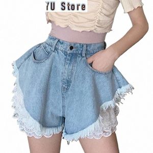 Nya kvinnor denim shorts jeans feminino sommar bred ben kvinnlig lös shorts tofs spets femme tyg pantales fi streetwear p2e3#