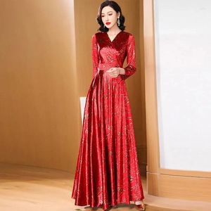 Casual Dresses Spring Red Long Dress for Women Vintage V-Neck Slim Print Bohemian Beach Sundress Elegant Luxury Party Female