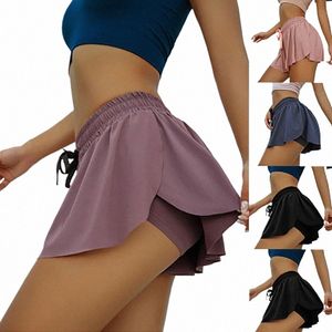 Mulheres Cor Sólida Cintura Alta Dupla Camada Falsa Duas Peças Esportes Saia Curta Para Yoga Dança Esporte Leggings Shorts Sexy Mini Saia V5du #