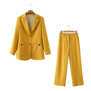 PBZA 2024 Spring New Women's FiとEregance Casual Buersatile Ginger Yellow Suit Coat+Straight Length Set R0SE＃