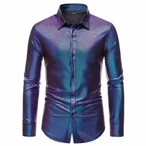 Mens Laser Shirts paljetter Skjorta 70 -talets disco parti tops Gold Sier Plaid Bluses Rainbow Print LG Sleeve Lapel Camisas de Hombre O3ru#