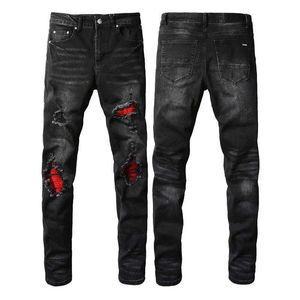Mäns jeans herrar svart ultratunna cardigan jeans street kläder hip-hop röda lappar rivna elastiska hål jeans män byxor j240328