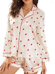 Home Clothing Women Valentines Day S Pajama Set Heart Print Long Sleeve Button Closure Shirt With Shorts Sleepwear Loungewear