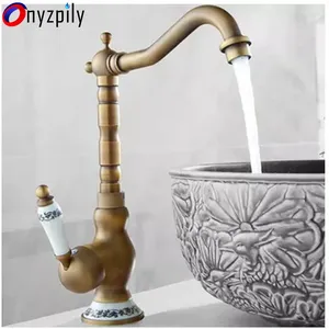 Bathroom Sink Faucets Antique Brass Kitchen Faucet Deck Mount Cold Vanity Mixer Taps Blue And White Porcelain Handle Torneira