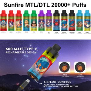 Sunfire Stars 20000 Puffs Schemblebleble Vape 12000 15000 Puffs Tornado E papieros 30 ml Wózki wstępne Pod 20k 15k Vape Hookah Pen Tank z RGB Light France