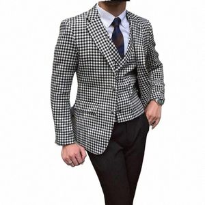 3 Piece Men's Houndstooth Suits for Wedding 2023 Notched Lapel Groomsmen Prom Tuxedos Busin Male Suit Blazer+Vest+Pants s4sL#