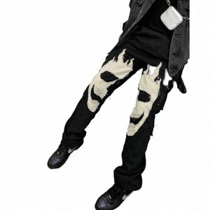 american Patchwork Skull Multi-pocket Zipper Jeans Fi Hip Hop Street Wide Leg Pants Black Jeans Harajuku Style Trousers l9HU#