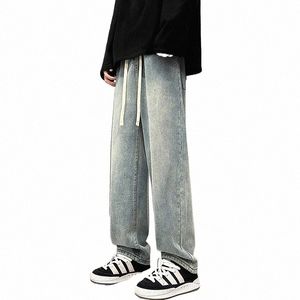 Männer Baggy Straight Jeans High Street FI Vintage Mi Kordelzug Breite Beinhosen Koreanische Casual Streetwear Grau Blau O9QE #