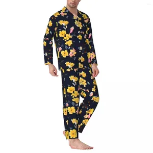 Hemkläder gul blommig sömnkläder Spring Vintage Flower Print Loose Oversize Pyjama Set Mens Long-Sleeve Lovely Room Custom Suit